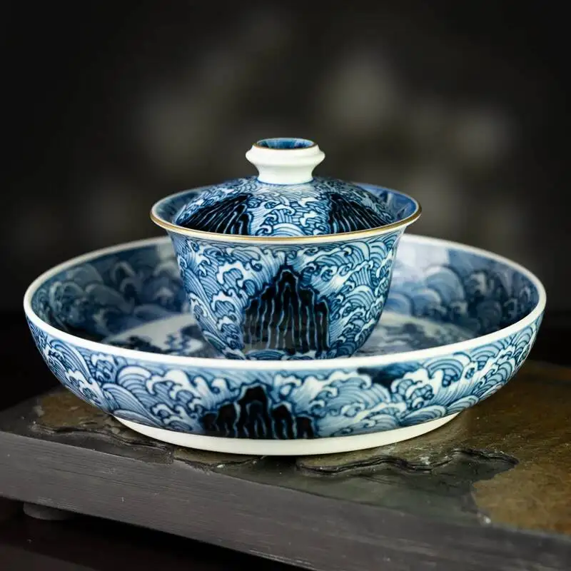 Фото Керамический чайный сервиз Gaiwan в античном стиле Цзиндэчжэнь, имитация «Священная гора», «Морской дракон Цзянья», сине-белый №4