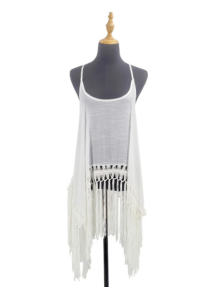

Богемное пляжное платье с открытой спиной, женская одежда, летние парео с бахромой, купальник 2023, сексуальные летние белые платья, накидки