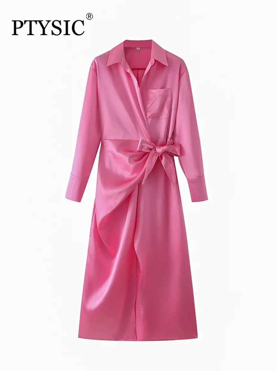 

PTYSIC Women Fashion Pink Slit Satin Full Sleeve Shirt Dress 2022 Summer Waist With Bow Tied Slit Pockets Casual Vestidos Mujur