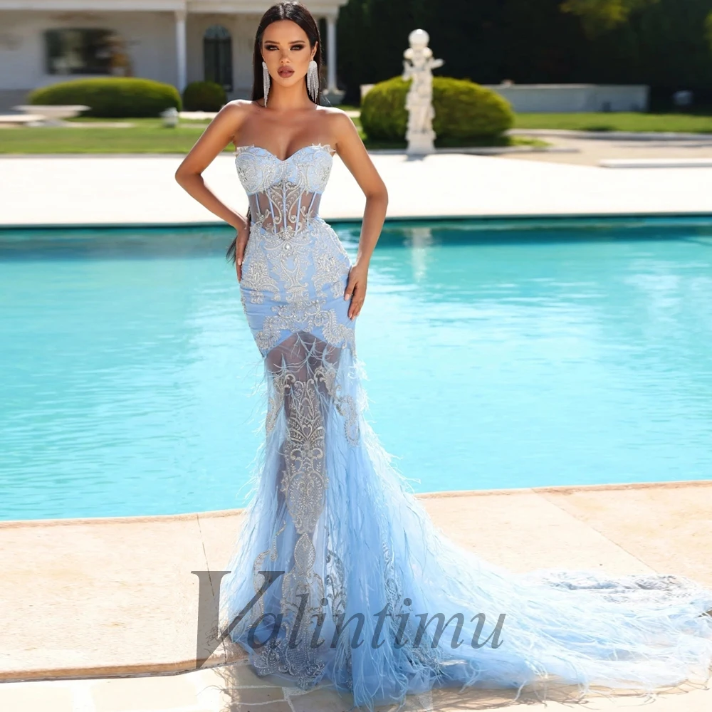 

Sky Blue Sexy Mermaid Feathers Luxury Crystals Strapless Evening Dress For Women Illusion Customised Robes De Soirée Formal Prom