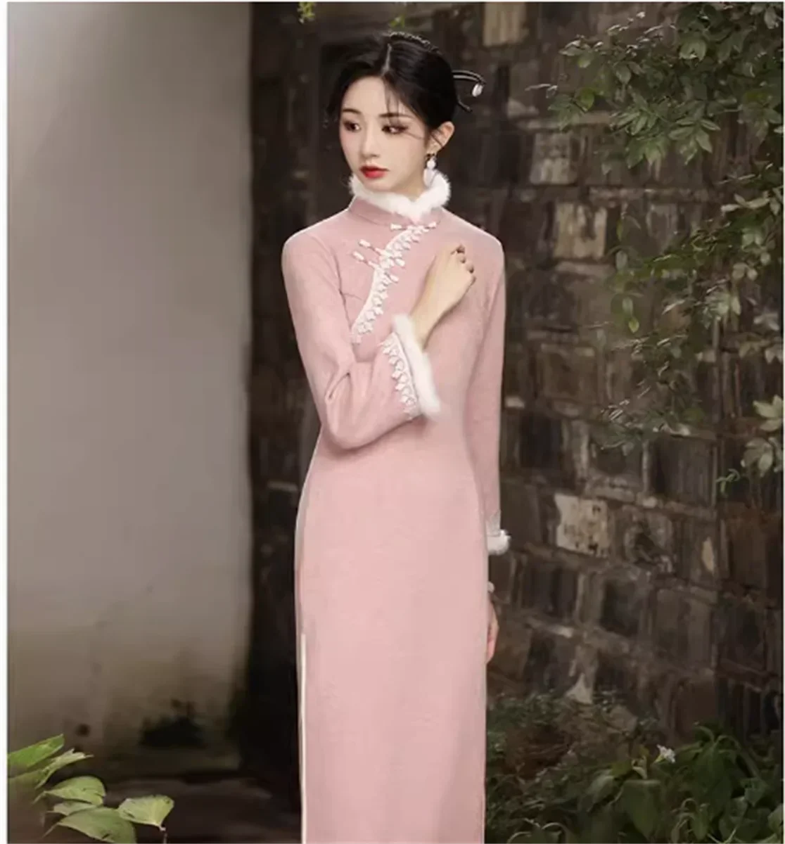 Зимнее традиционное китайское платье чонсам женское розовое плотное восточное