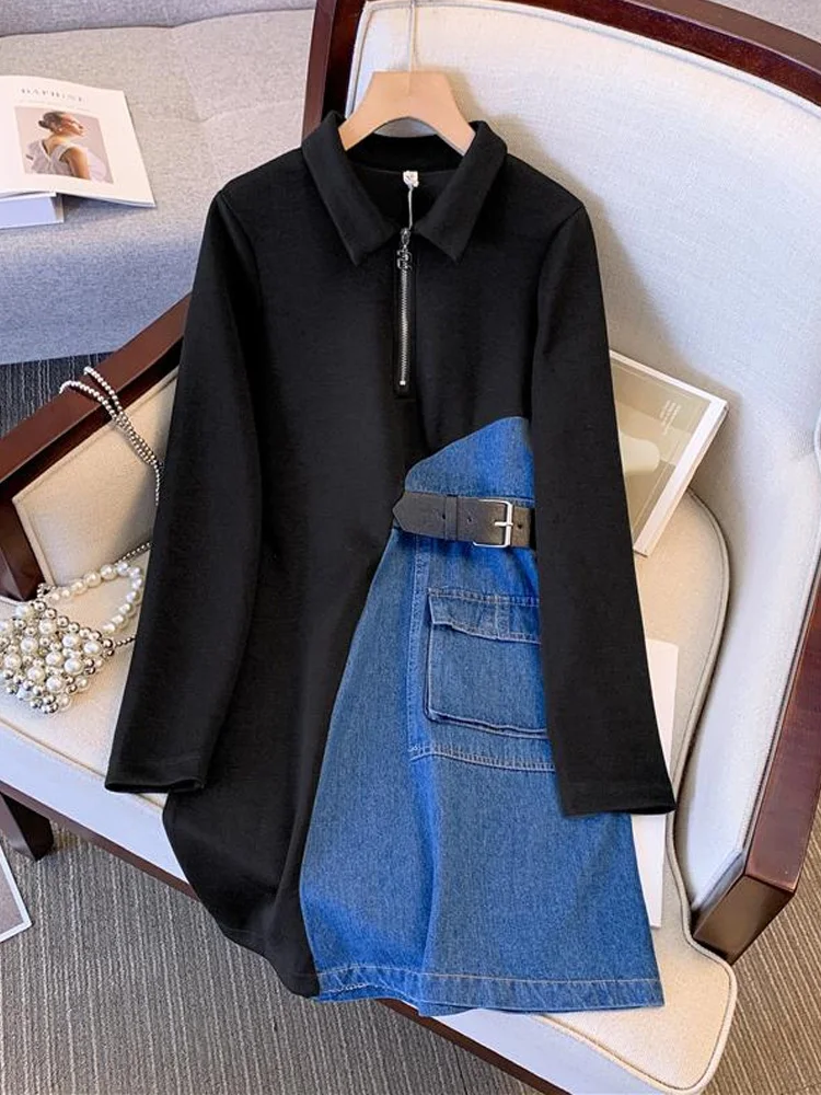 

Женское офисное платье до колен, элегантное асимметричное джинсовое платье составного кроя с длинным рукавом, 4XL, весна