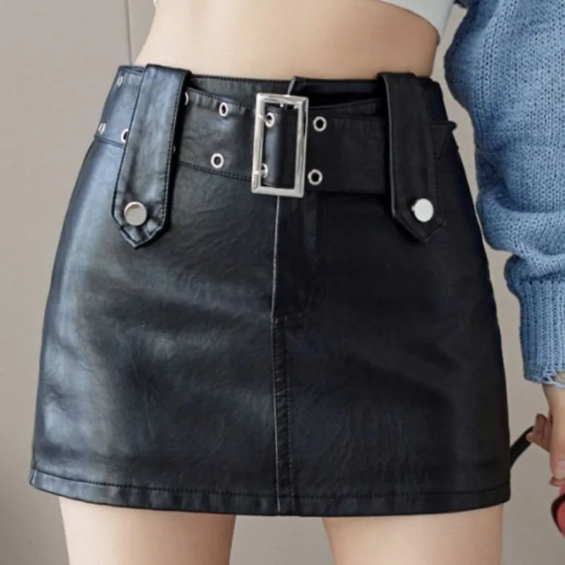 

InsDoit Punk Sashes PU Black Summer Skirt Women Gothic Y2K Slim Sexy High Waist Mini Skirt Streetwear Aesthetic Fashion Skirts