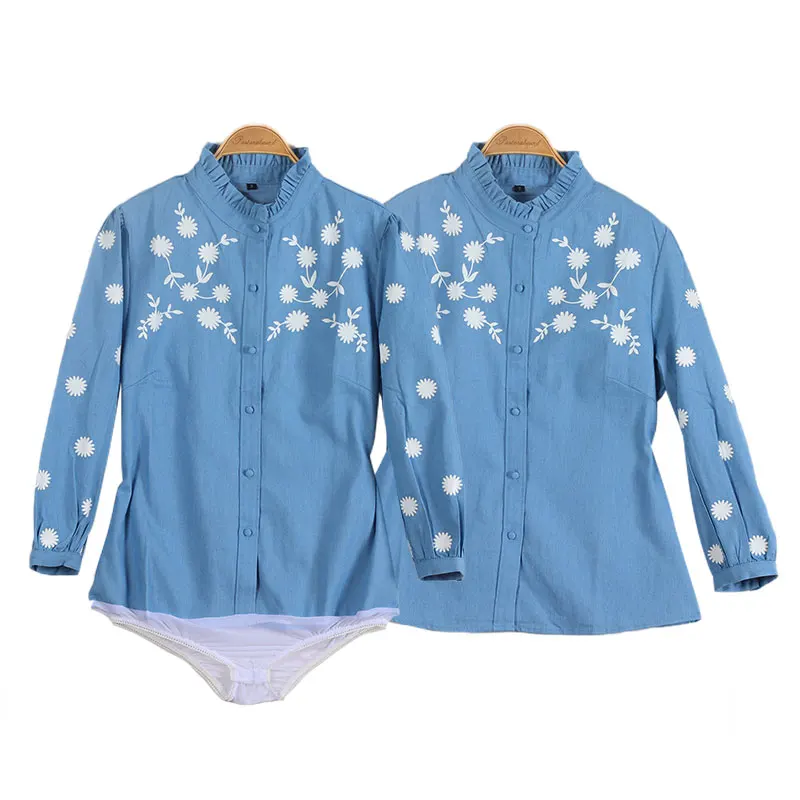 

Simple Denim Light Blue Bubble Sleeves Women's One-piece Stand Collar Long Sleeves Women's Spring/summer Office Shirt Bodysuits