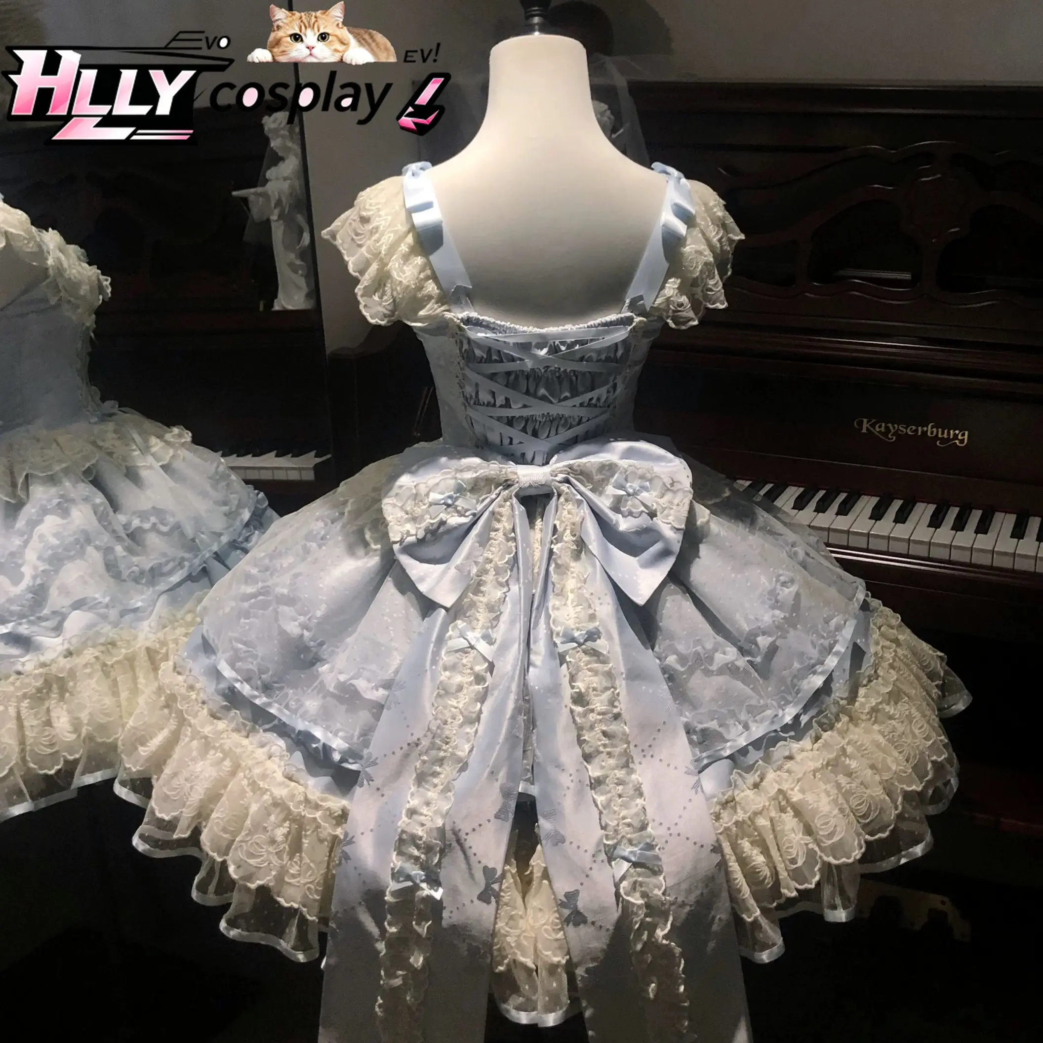 Фото Новое платье JSK в стиле Sweet Lolita Balletcore, светло-голубое с белыми оборками, кружевом, бантом, пышное, с завышенной талией, на бретельках, в стиле принцессы №3