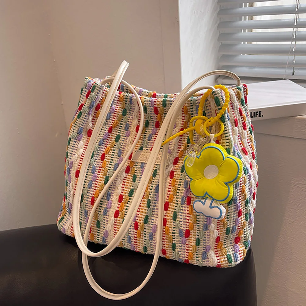 

Colorful Canvas Woven Tote Bag for Women 2022 New Fashion Ladies Commuter Shoulder Bags Trend Large Capacity Female Cross Body