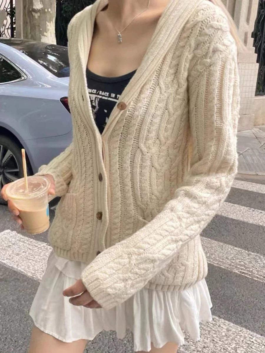 Зимний новый кардиган с витыми карманами свитер женский однобортный джемпер