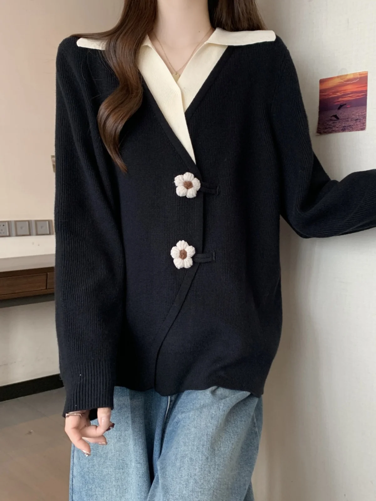 Plus size Angora Red Fake Two Pieces Lapel Shoulder Sweater Outerwear Chubby Girl Three-Dimensional Flower Irregular Knit...