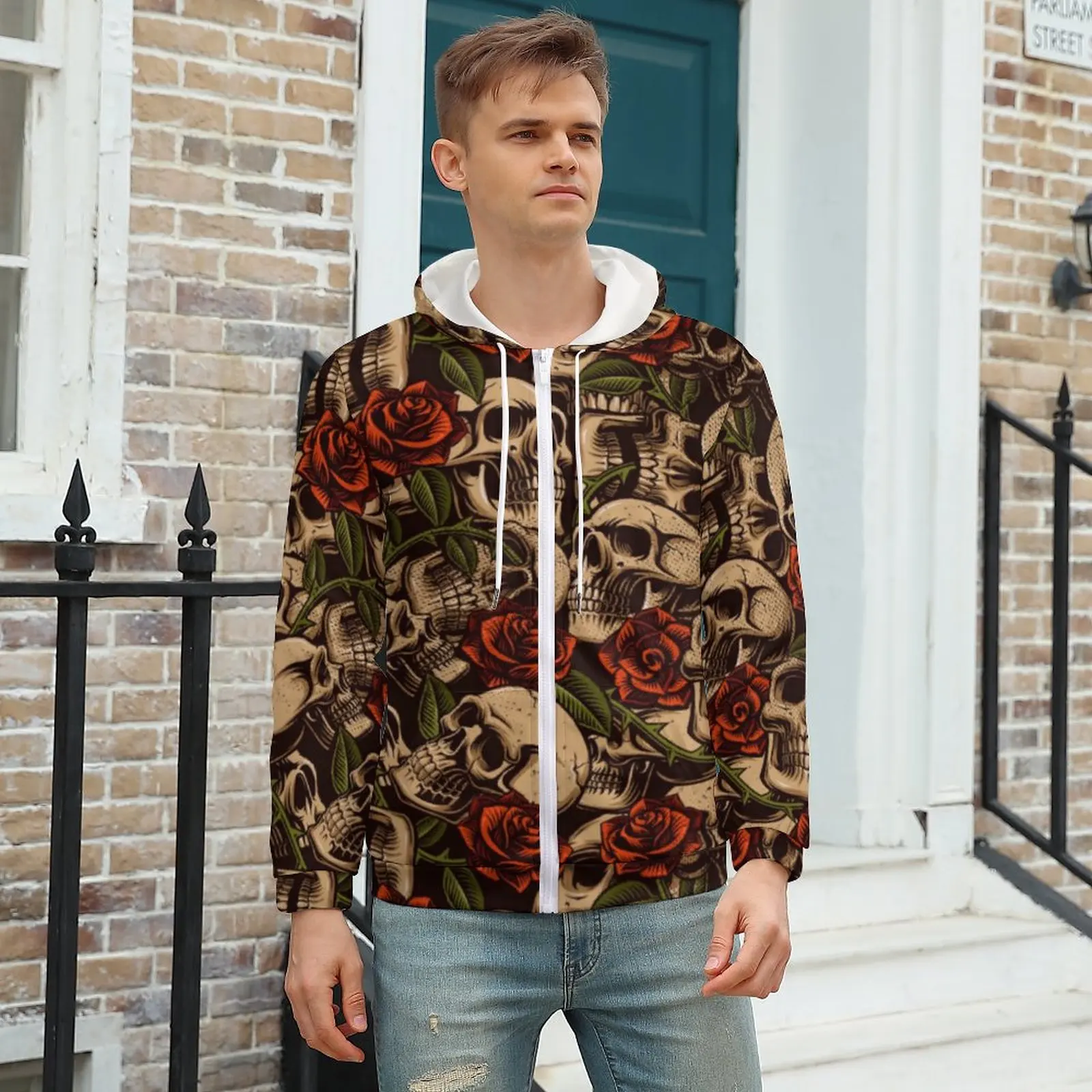 

Suger Skull Print Zip Up Hoodies Red Roses Hip Hop Hoodie Man Long Sleeve Oversize Streetwear Design Casual Sweatshirts