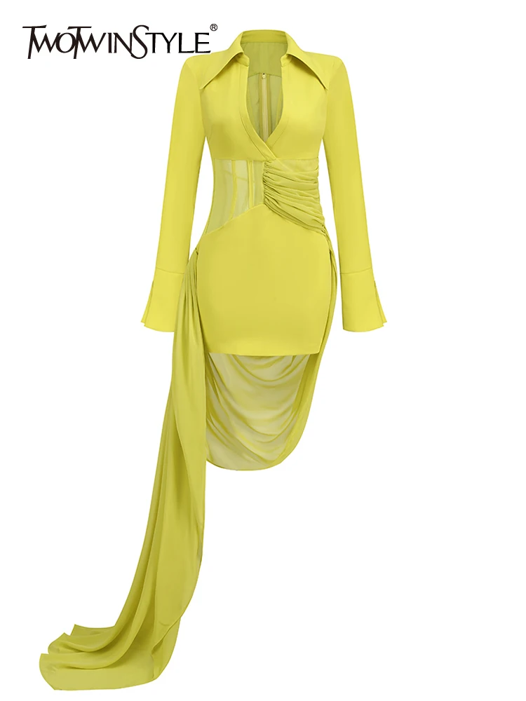 

TWOTWINSTYLE Skinny Sexy Yellow Dresses For Women Deep V Neck Long Sleeve High Waist Spliced Mesh Mini Dress Female Fashion New