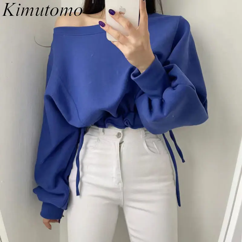 

Kimutomo Elegant Loose Solid Simple Drawstring Waist Design Sweatshirt Woman Casual Slash Neck Lantern Sleeves Versatile Top Ins