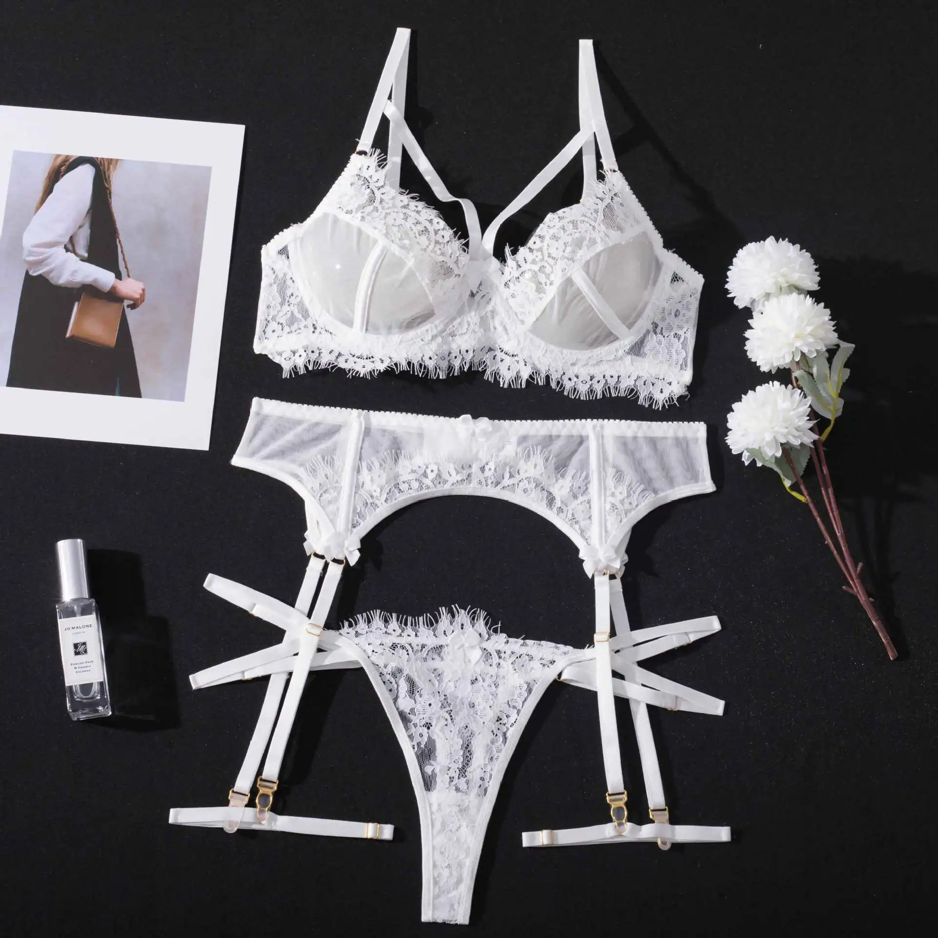 MeiKeDai Lingerie Lace Erotic Underwear 4-Pieces White Sexy Lingery Women Transparent Bra Panty Sets Fancy Luxury Exotic Set