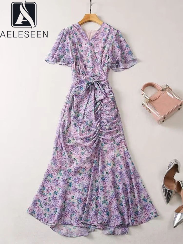 

AELESEEN Designer Fashion Trumpet Dress Women Summer Flare Sleeve V-Neck Purple Flower Print Drapped Long Elegant Party