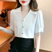 chiffon solid white shirt women short sleeve v neck summer elegant office laies top interview shirt button up 2022 dropshipping