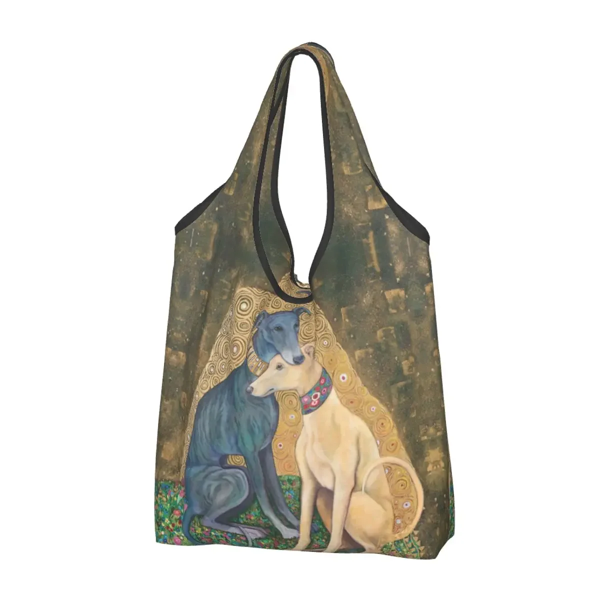 

Reusable Gustav Klimt Greyhound Dog Art Shopping Bag Women Tote Bag Portable Whippet Sihthound Dog Groceries Shopper Bags