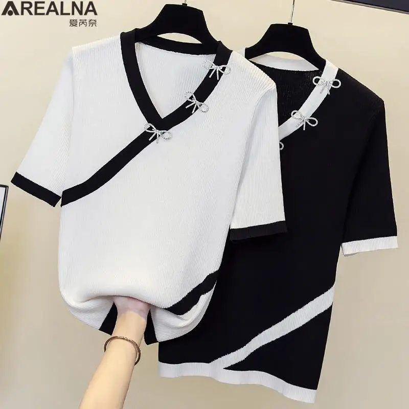 

2022 Summer t-shirts Korean Fashion bow Ice silk Knit T shirt Women Short Sleeve V-neck Elegant Ladies loose T Shirts Tops Femme
