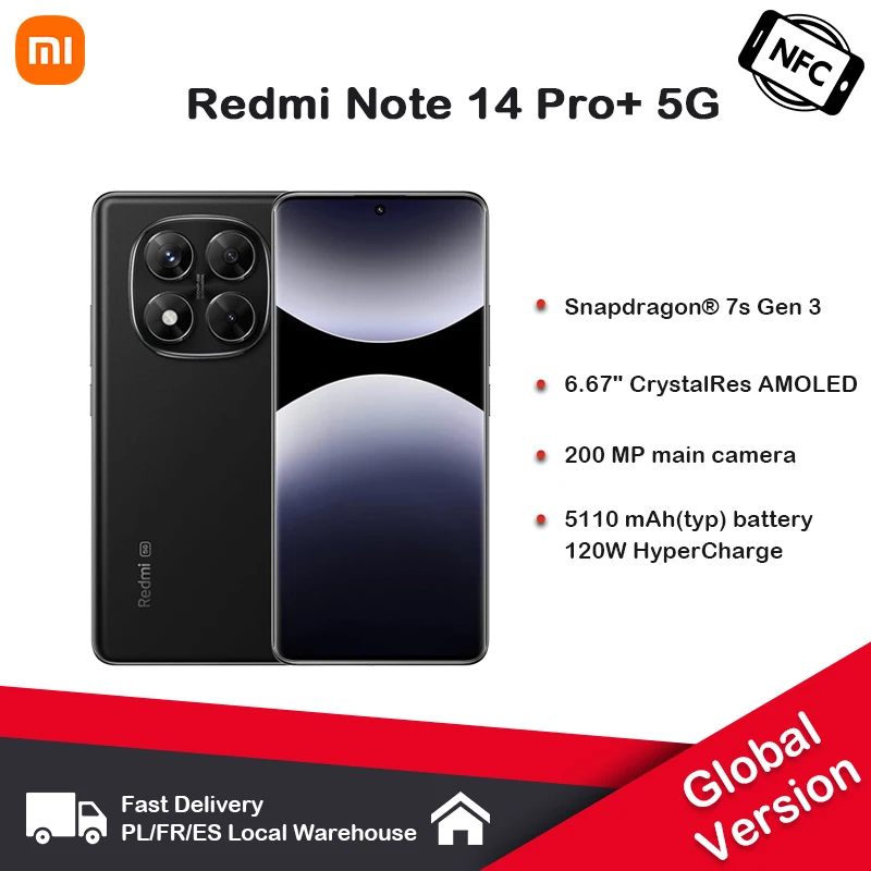 Smartphone Redmi Note 14 Pro + 5G version Global, NFC, Snapdragon 7s Gen 3, camara trasera de 200 MP, 120 W, hipercarga, IP68
