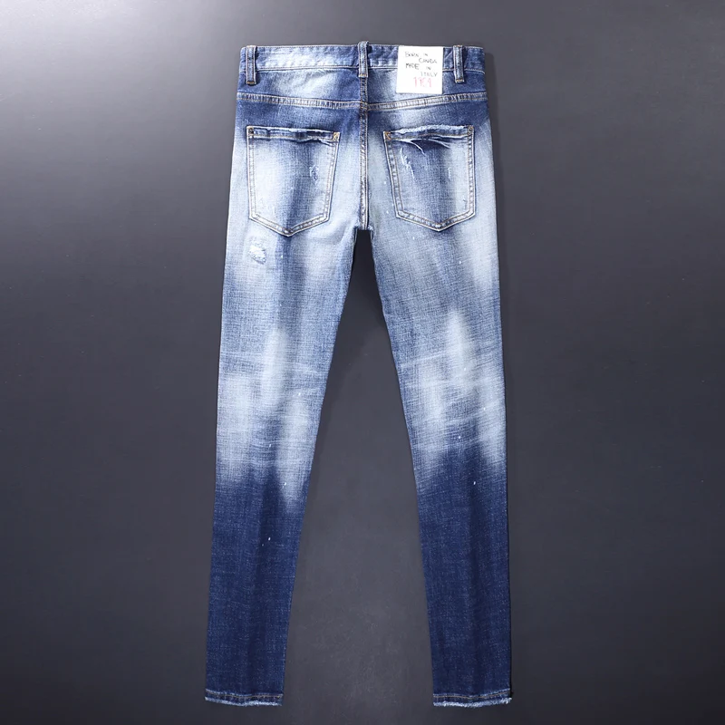 Street Fashion Designer Men Jeans Vintage Retro Light Blue Elastic Slim Fit Ripped Jeans Men Patched Hip Hop Brand Pants Hombre