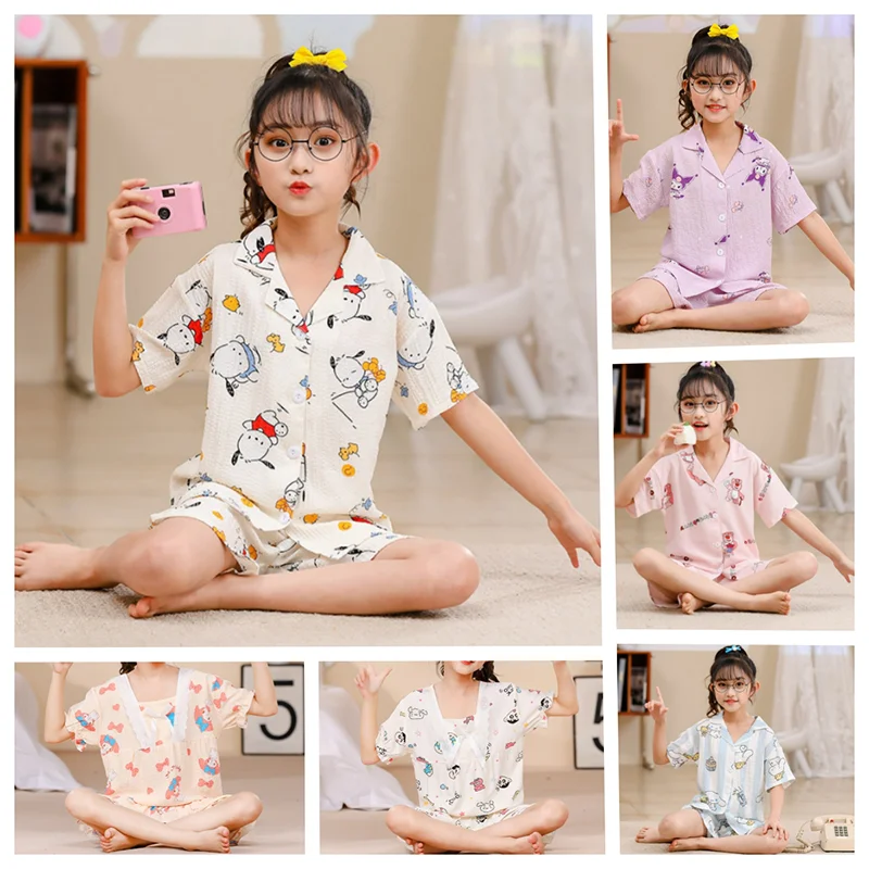 

Sanrios Summer Children Pajamas Girl Lapel Cardigan Anime Short-sleeved Shorts Suit Cute Sweet Home Clothes Foam Cotton Y2k Gift