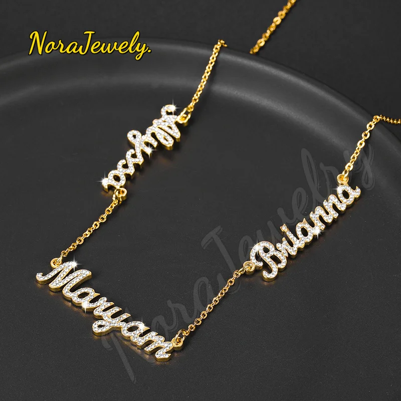 NORAJewelry Custom 3 Names Iced Out Necklace Personalized BlingBling Stainless Steel Name Nameplate Charm Necklace GiftFor Women