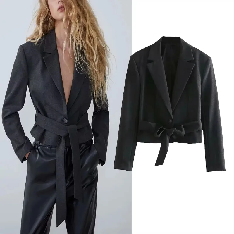 

TRAF Belted Blazer For Woman 2023 Fashion Lapel Long Sleeve Crop Jackets Casual Black Single Button Blazers Women Slim Outwear