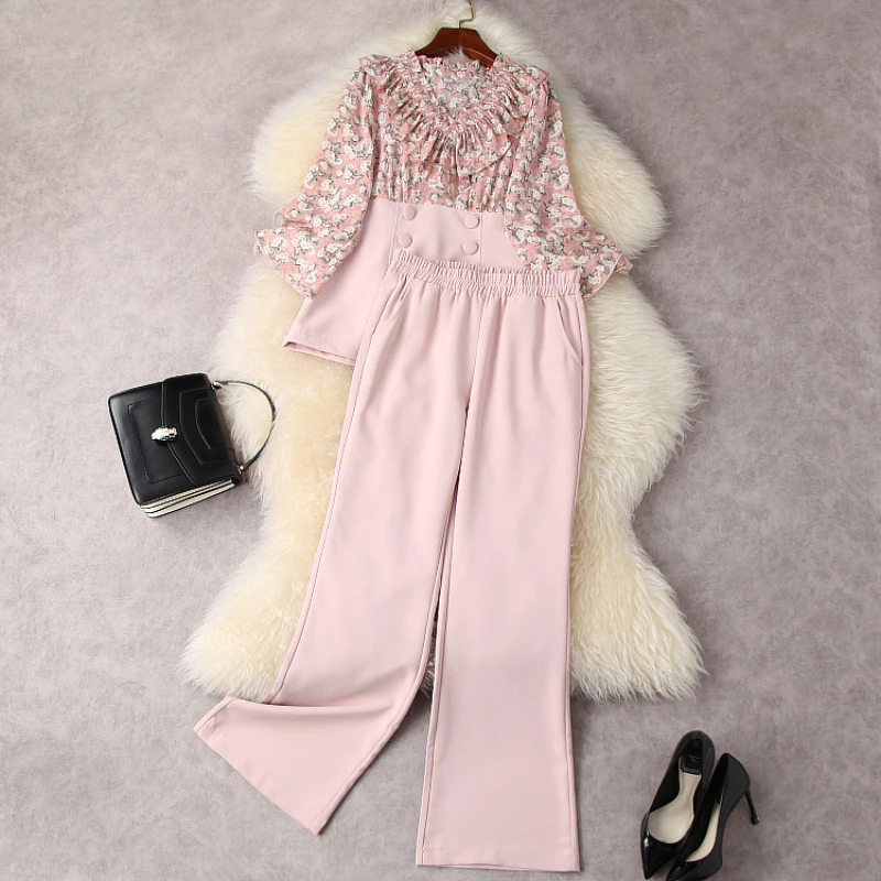 

2022 New Printed V-neck Shirt Three-quarter Sleeves Wide-legged Pants Fashion Suits European and American Women's Wear Spring