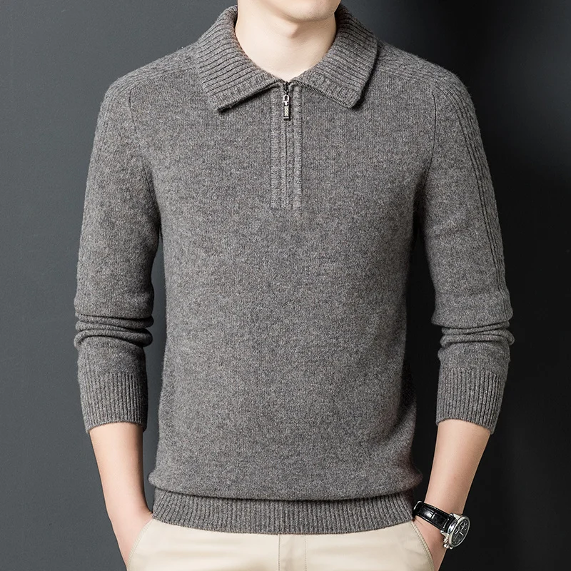 High Quality Pure Men's Wool Knit Thick Sweater Winter Business Casual Lapels Zipper Men's Sweater