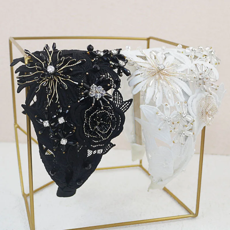

Lace Embroidery Crystal Flower Headbands For Women Hairbands Sequin Hair Accessories Wide Hairband For Girls Floral Headband