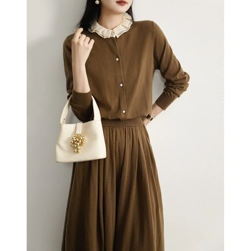 Женский вязаный кардиган с деревянным воротником-ушком длинная верхняя юбка