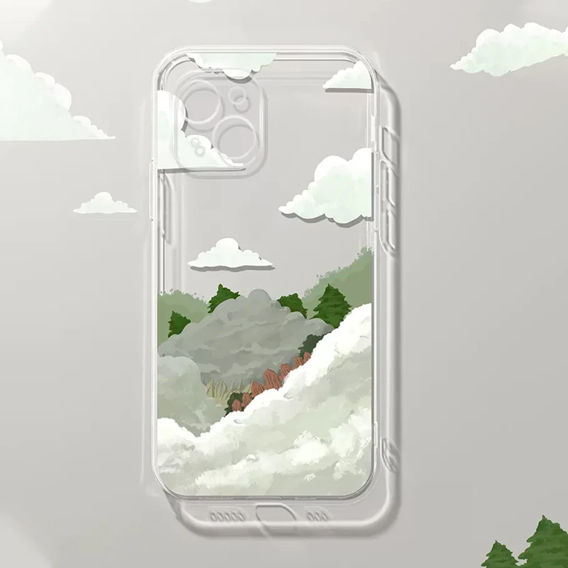 

Cloud Mountain Scenery Phone Case for IPhone 14 Pro Max 13 11 12 Mini XR XS MAX X 7 8Plus SE Hand Painted Soft Clear Cover Shell