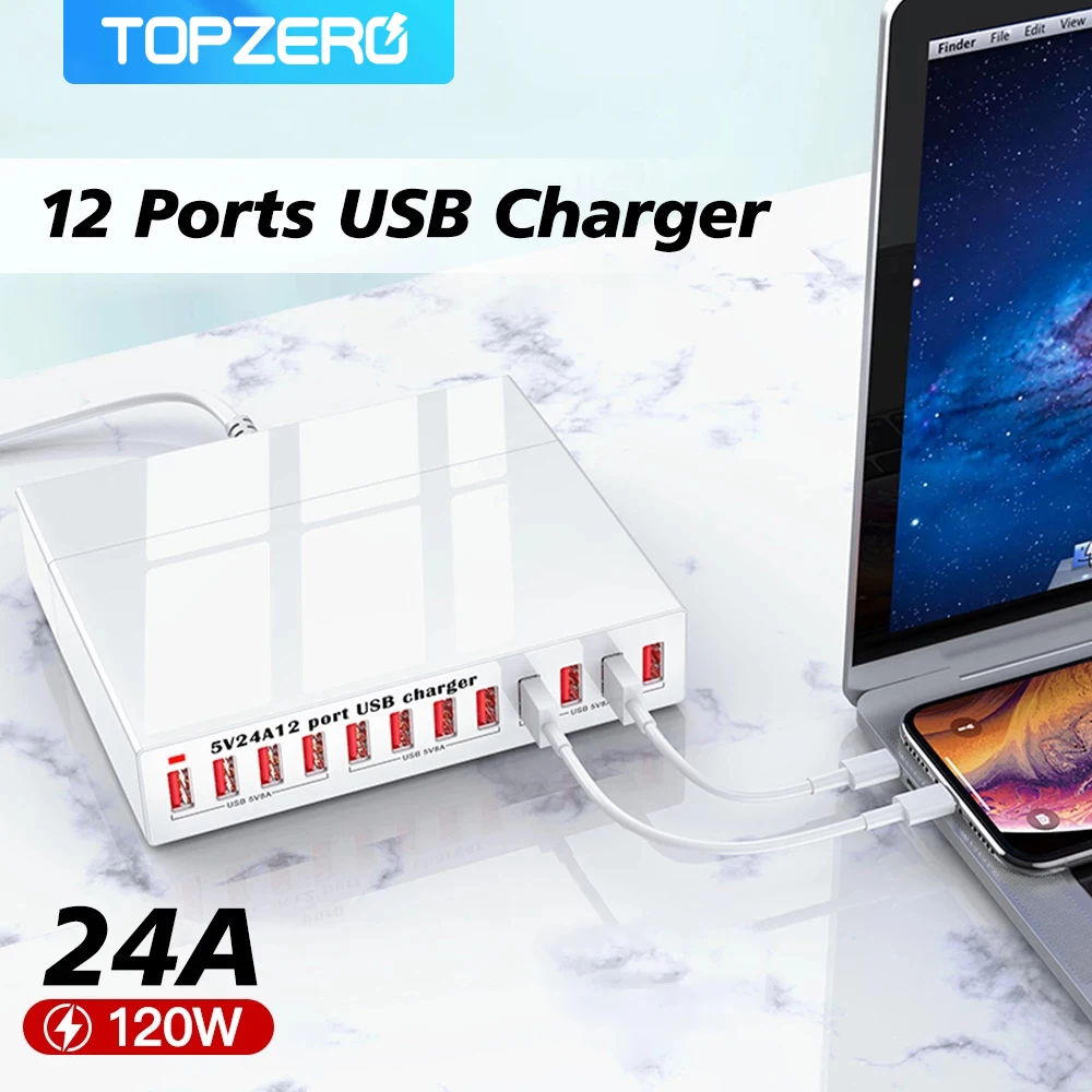 

120W 12 Port USB Charging Station Home Desktop Multi USB Charger HUB For iPhone 13 12 11 XR Tablet Xiaomi Samsung Phone Adapter