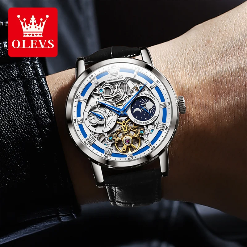 Reloj Hombre OLEVS Automatic Mechanical Watches Men Hollow Tourbillon Waterproof Sport Watch Luxury Leather Luminous Moon Phase enlarge