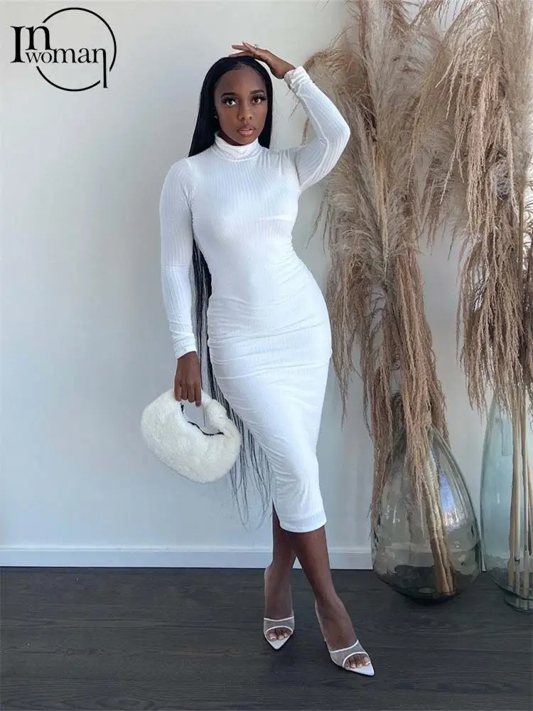 

Осенние однотонные ребристые облегающие Макси-платья Inwoman, осенний наряд для женщин 2022, облегающее длинное платье с длинным рукавом, женское модное платье