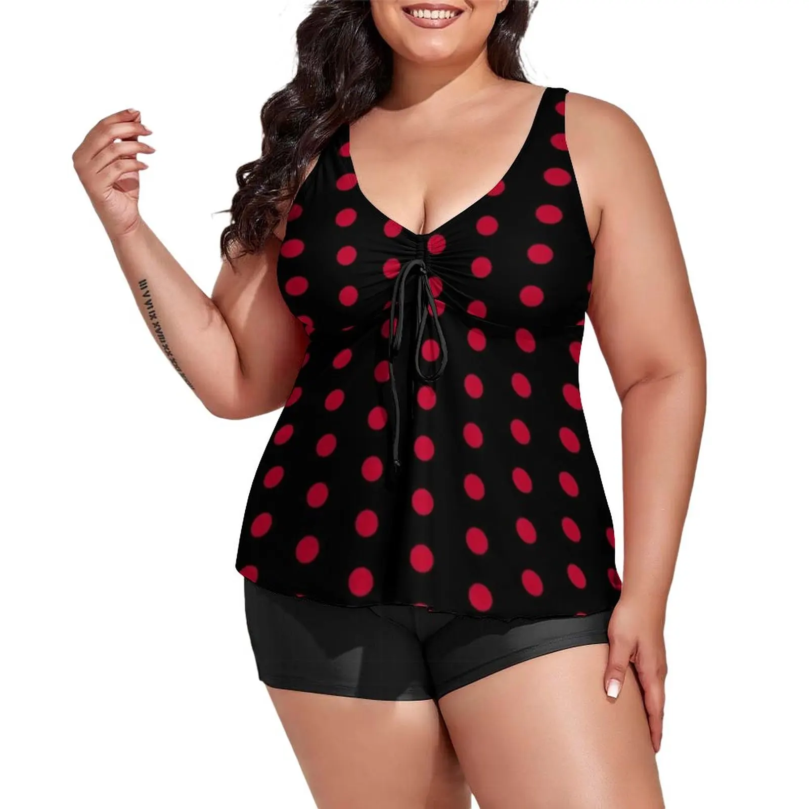 

Black with Red Polka Dot Swimsuit Dotted 70S Vintage 2 Pieces Tankini Swimwear Stylish Swimsuits Big Size Print Sport Beach Wear