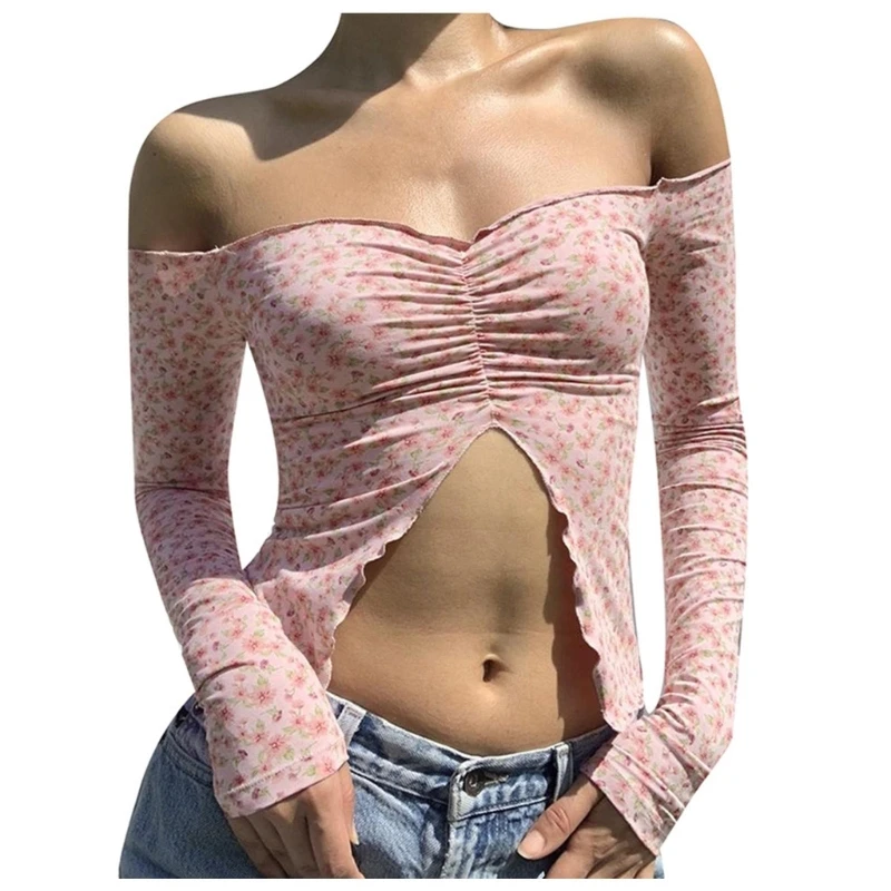 

Женский облегающий кроп-Топ с длинным рукавом, асимметричным подолом и рюшами