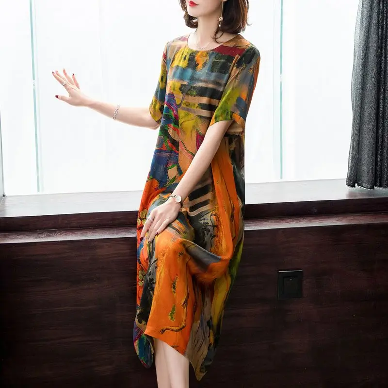 

Женское длинное пляжное платье, свободное облегающее платье из шелка Mulberry с цветочным принтом, модель Q713, 4XL, весна-лето 2023