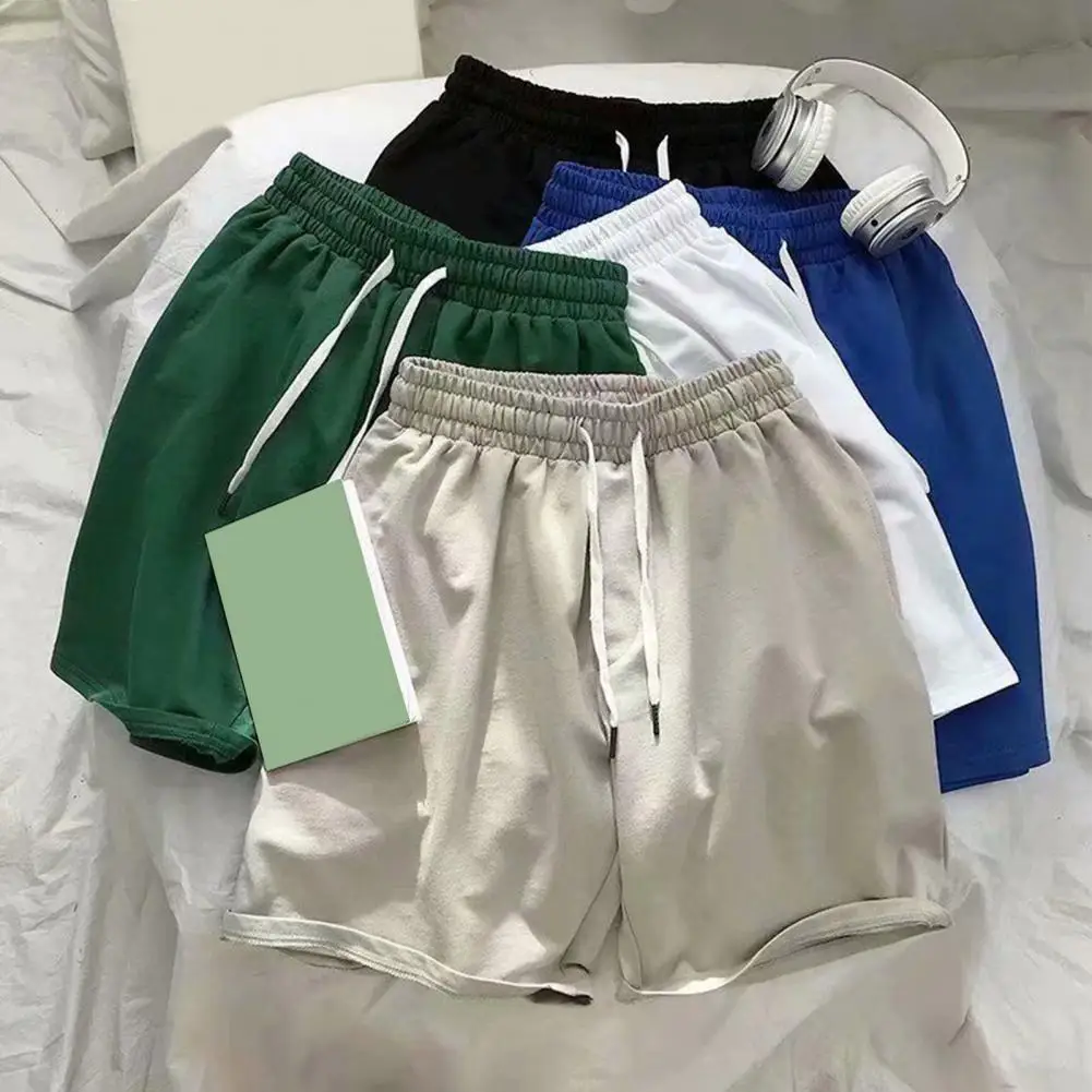 

Men Summer Shorts Drawstring Elastic Waist Beach Shorts Solid Color Knee Length Shorts Loose Pockets Casual Sport Jogging Shorts