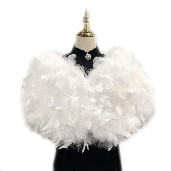 

Fashion Natural Feather Collar Cape Stole Shawl Collar Shrug Cape with Ribbon Ties Wedding Evening Party Costume Feather Shawl