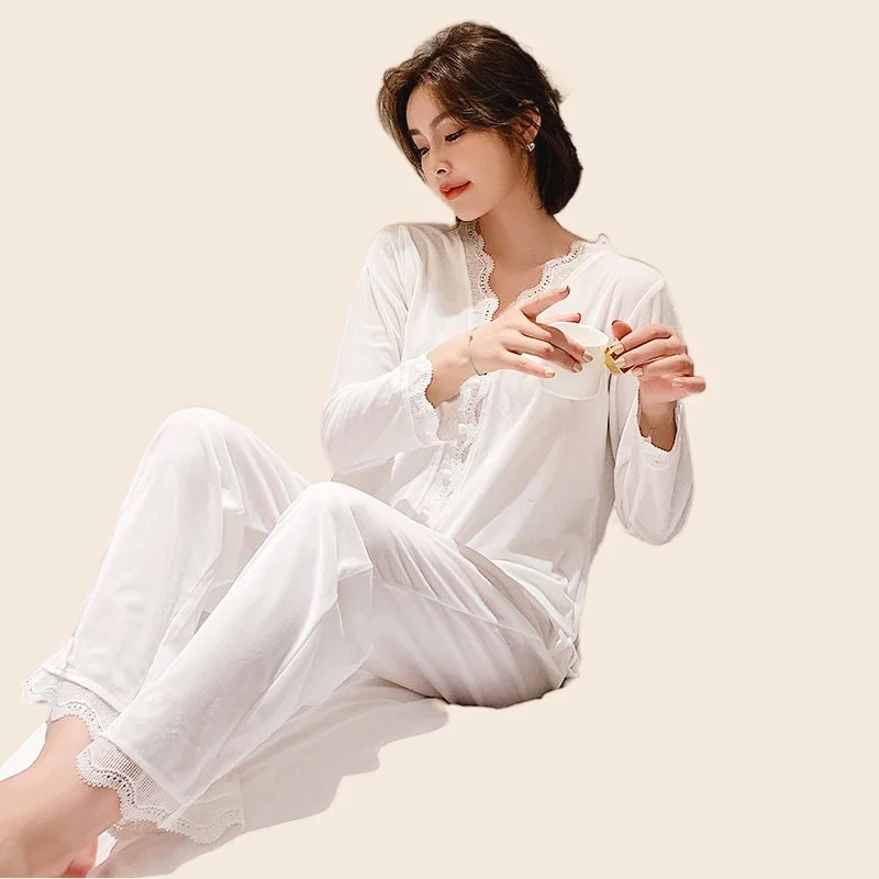 Women's Pajamas Set Soft Velvet Lace Pyjama Homewear Cozy Spring Sexy Black Sleepwear Big Size Femme Pure Color Pjs