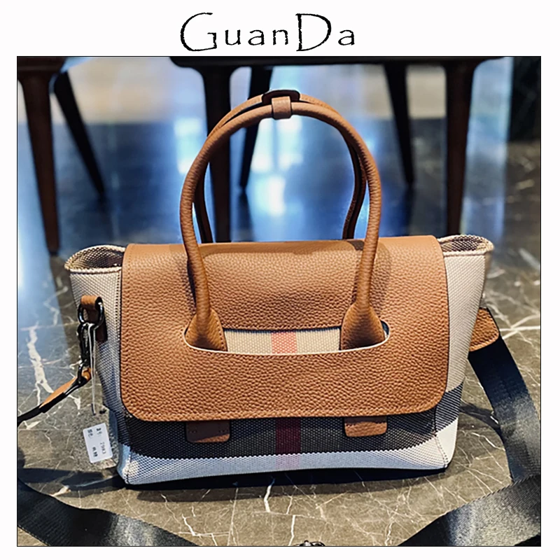 

Luxury Fashion Handbags For Women Versatile Plaid Stripes Canvas Top Handle Female Bag Large Capacity Leather Lady Shoulder Bag