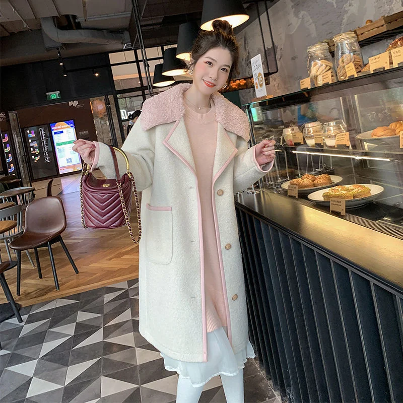 

2022 Autumn And Winter New Women's Korean Version Large Lapel Imitation Wool Mid-length Popular Stitching Woolen Coat