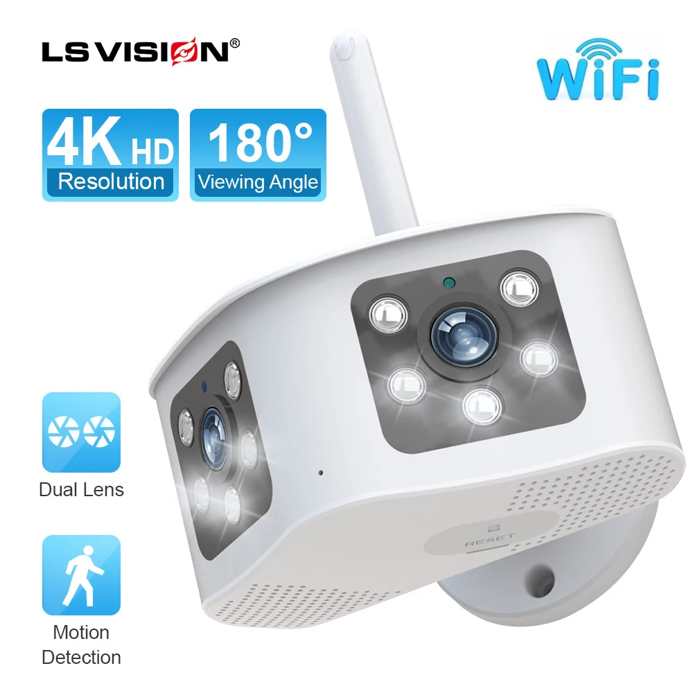 

LS VISION 8MP 4K Dual Lens Panoramic Fixed Camera Ultra Wide Angle 180° WIFI Outdoor Camera Waiterproof Wireless IP CCTV Camera