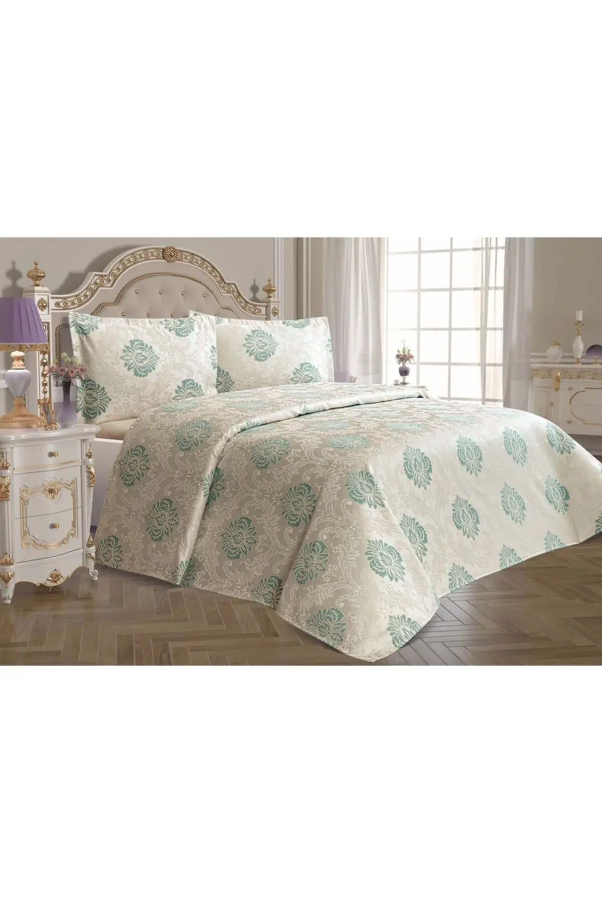 

Bed Cover Double Personality Turquoise Cream Jacquard Weave Chenille Pique Fabric Cotton-Polyester 220x230 Çarşafsız Room