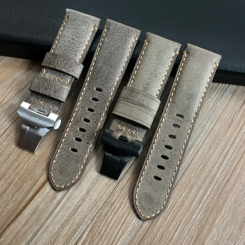 

AAA Quality 24mm Brown Gray Vintage retro Italy Genuine Leather Watchband For PAM111 PAM Watch Strap With Butterfly buckle Belt