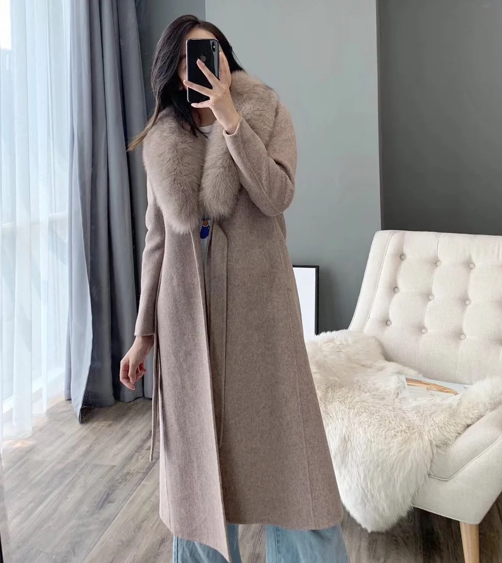 2023 Winter Women Real Fur Coat Long Wool Jacket Office Lady Trench Coat Fashion Streetwear Fox Collar Detachable Overcoat