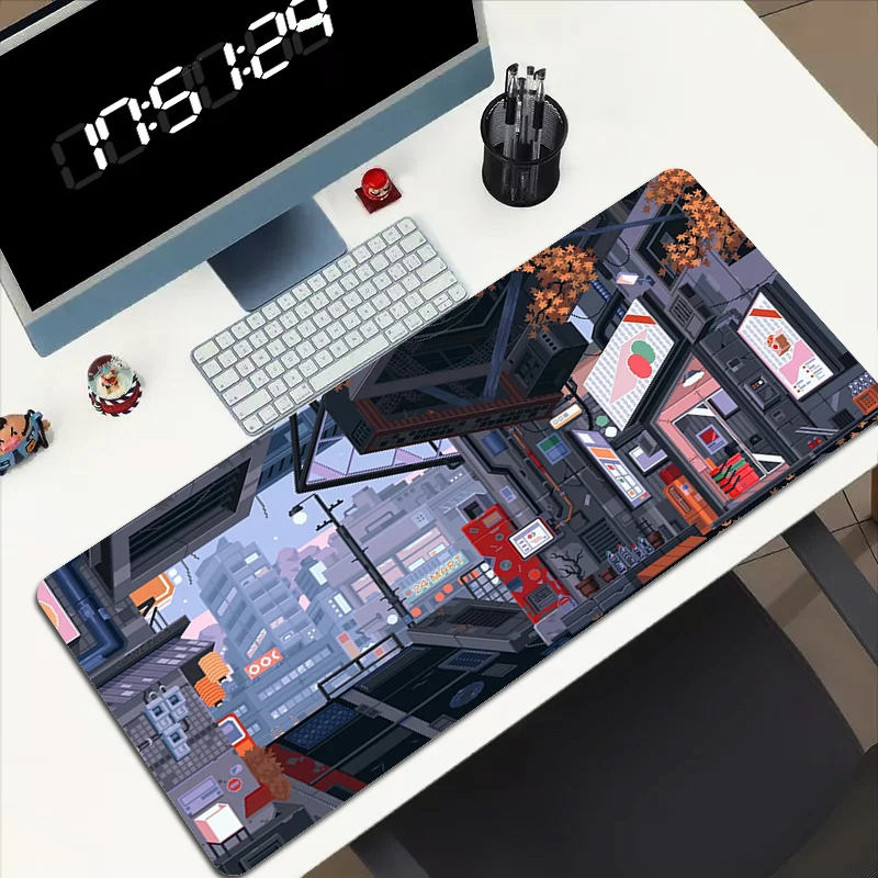 

Xxl игровой коврик для мыши Pixel Neon City, коврик для мыши, аксессуары для ПК, игровой шкаф, компьютерный стол, протектор, коврик для клавиатуры, коврик
