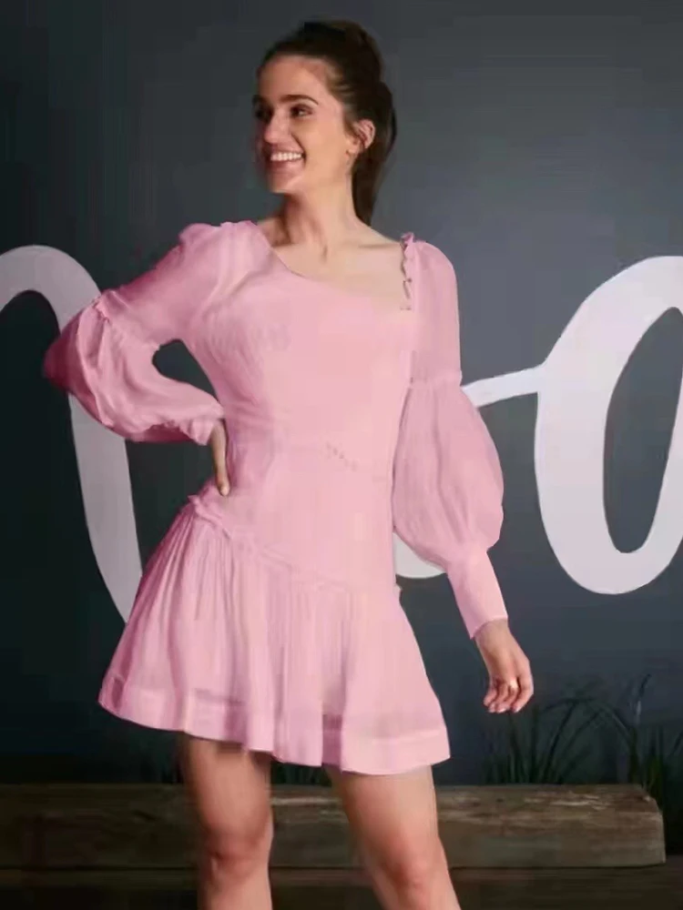 

Delocah High Quality Summer Women Fashion Runway Party Mini Dress Lantern Sleeve Ruffles Pink Print Thin Short Dresses Vestidos