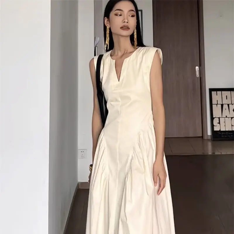 

Платье женское длинное без рукавов, модное элегантное однотонное офисное платье во французском стиле, с V-образным вырезом, одежда в минималистичном стиле, G933, на лето