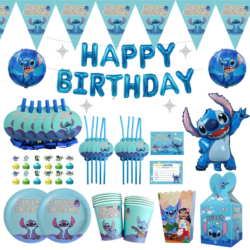 

Lilo Stitch Birthday Decorations Disposable Tableware Set Paper Plates Banner Tablecloth Balloon Boy Kids Adult Party Supplies