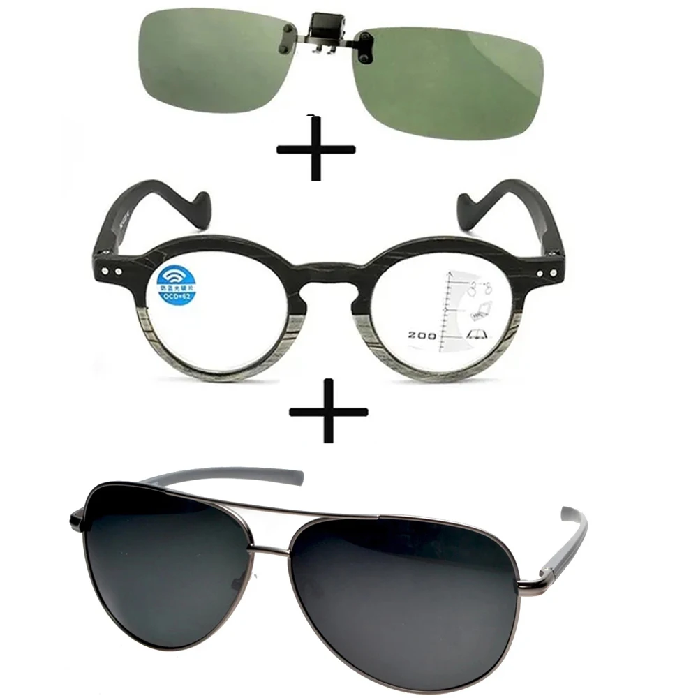 

3Pcs!! Wood Progressive Multifocal Far and Near Reading Glasses Men Women + pilot Polarized Sunglasses Outdoor + Sunglasses Clip